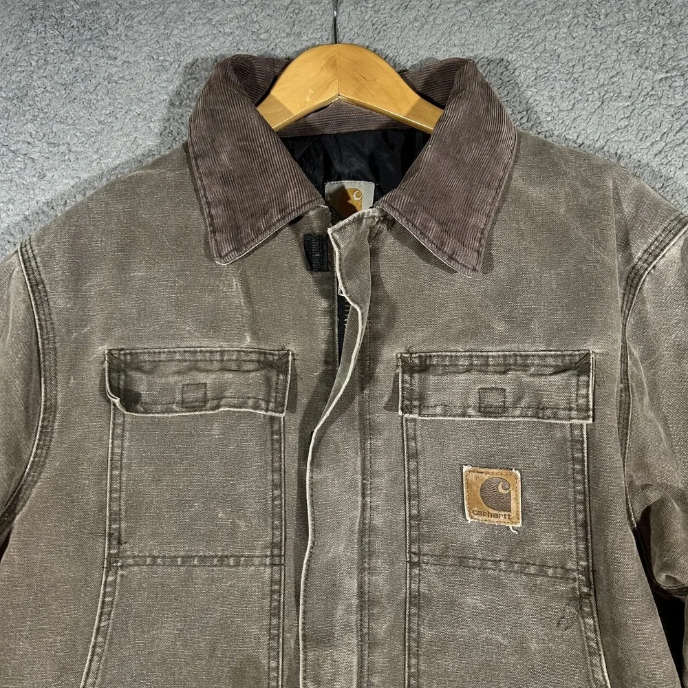 VINTAGE Carhartt Jacket Mens Large Brown Duck Quilt Lined Corduroy Collar C26CHT